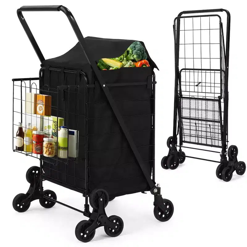 Heavy Duty Stair Climbing Shopping Cart - 360 Swivel Tri-Wheels, Waterproof Liner,135LBS,Folding Carbon Steel Trolley for Laundry, Groceries