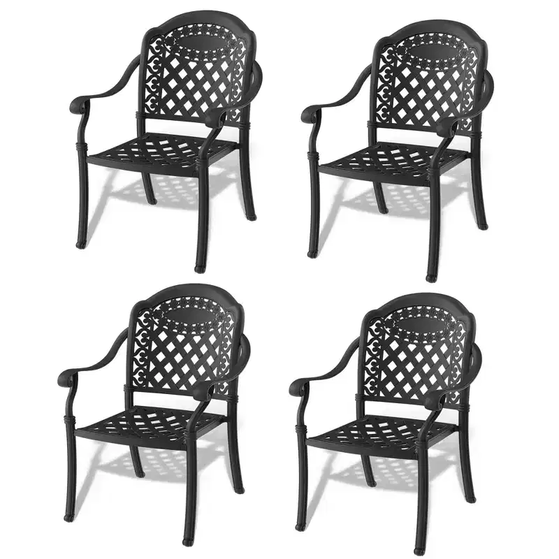 Set of 4 Cast Aluminum Patio Dining Chairs, Black Rust Resistant Frame with Water Resistant Cushions
