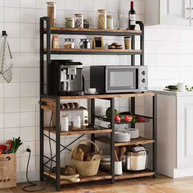 COZONY 5-Tier Bakers Rack w/ Wire Basket, Microwave Stand w/ Power Outlets & Open Kitchen Shelving