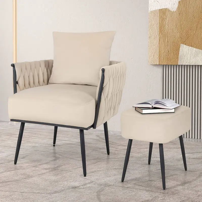 Gymax Modern Dutch Velvet Accent Chair & Ottoman Set Single Leisure