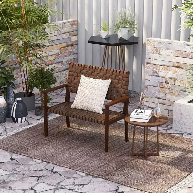 Costway Patio Loveseat All Weather Bench w/Solid Rubber Wood Frame&Hand Woven PU Leather