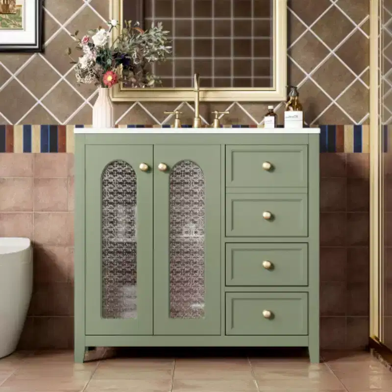 36 Inch Bathroom Storage Cabinet Vanity with Two Soft Closed Doors, Adjustable Shelves, and Three Drawers