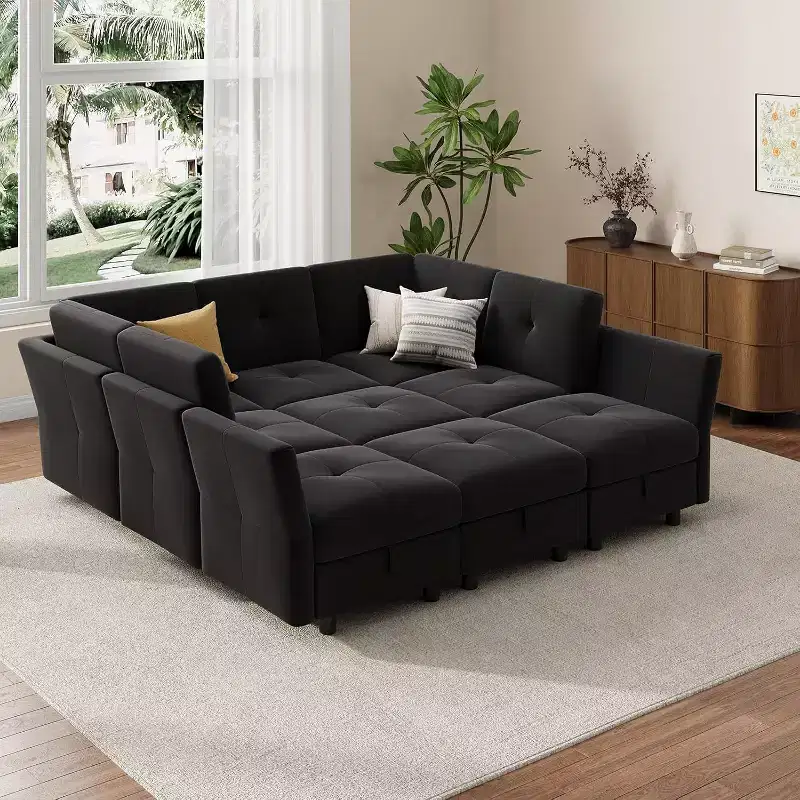 Modular Sectional 9 Seat Sofa with Storage, U Shaped Sectional Couches, Convertible Sofa with Ottomans, High Supportive Velvet, for Home Black