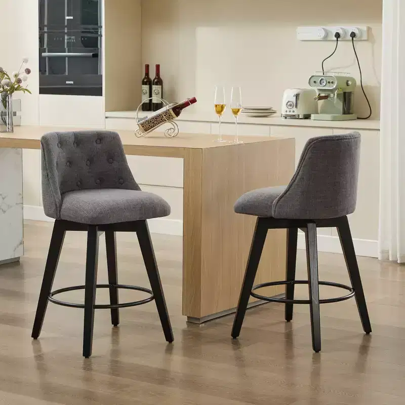 Swivel Bar Stool, Linen Upholstered Counter Stool with Button Tufted Back, Dining Chair Pub Stool, White/Dark Gray (2-Pack)