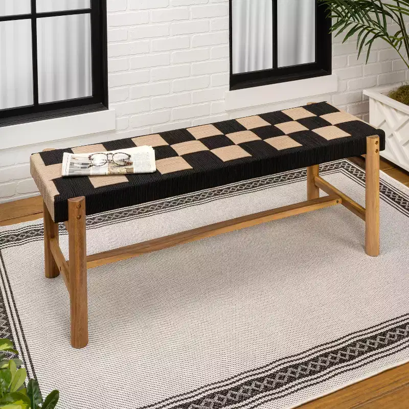 JONATHAN Y Denis 48 2-Seat Backless 700-Lbs Support Acacia Wood Outdoor Bench With Checkerboard Woven Rope Seat