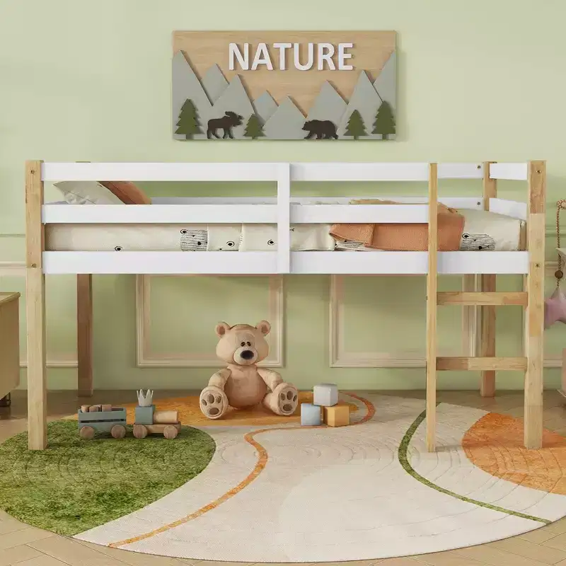Twin Size Loft Bed with Ladder for Kids Teens, Wooden Loft Bed Frame with Strengthened Slats for Bedroom, Natural+White