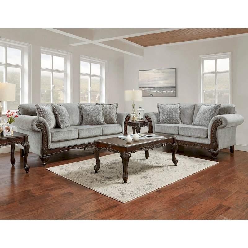 Roundhill Furniture Hernen 2-Piece Carved Wood Frame Living Room Set