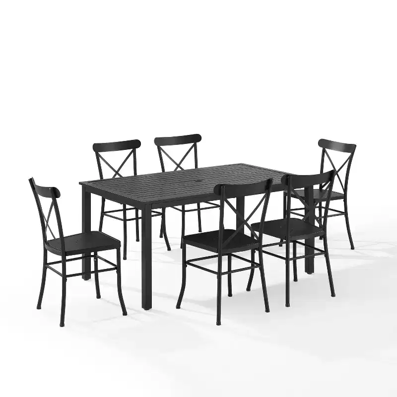 Astrid 7pc Outdoor Metal Dining Set - Matte Black - Crosley: Weather-Resistant, 6 Armless Chairs, Rectangular Table with Umbrella Hole