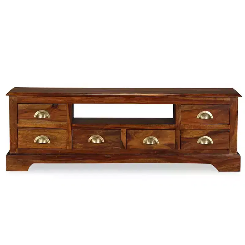 vidaXL Solid Sheesham Wood TV Stand with Honey Finish, Large Open Compartment and 6 Spacious Drawers, Handmade and Elegant Design