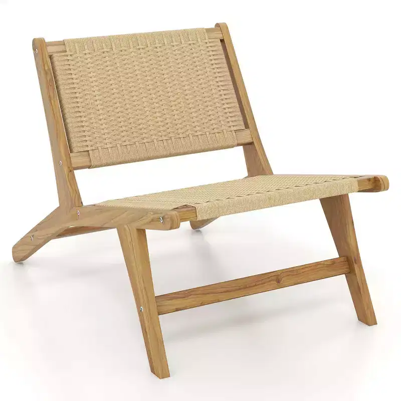 Costway 1/2 PCS Teak Wooden Chair with Braided Rope Seat & Backrest Mid Century Modern