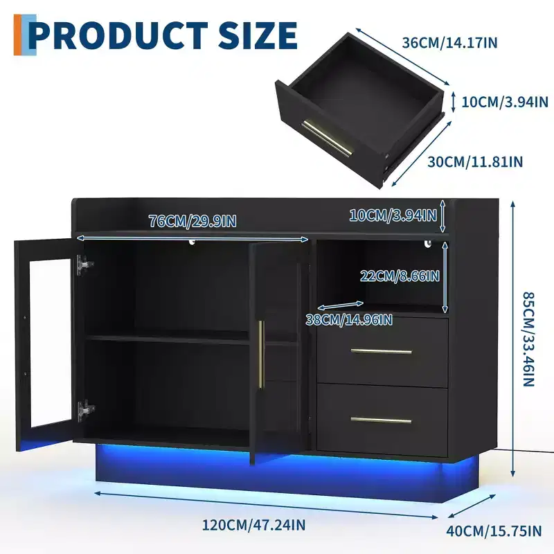 Wine Cabinet - Coffee Bar Station,High-Load-Bearing Capacity Liquor Cabinet with Drawers,Durable Double Glass Doors & Anti-Tipping Design