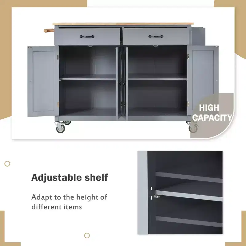 Whisen Modern Wood Kitchen Island with Spice Rack and Drawers