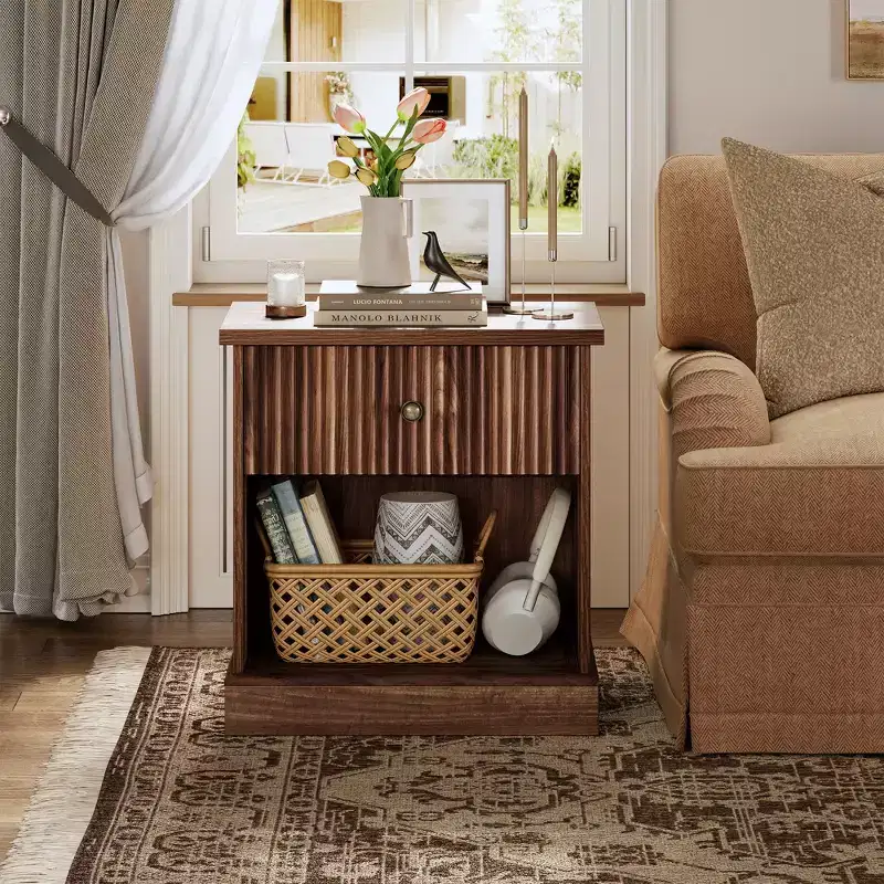 Fluted Nightstand with Drawer, Modern Side Table with Open Shelf, Space-Saving Bedside Table with Curved Base for Bedroom or Living Room