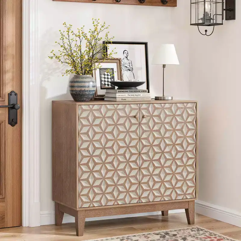 31.5 Geometric Design Sideboard Cabinet with 2 Doors and Adjustable Shelves for Living Room Kitchen Dining Room Beige