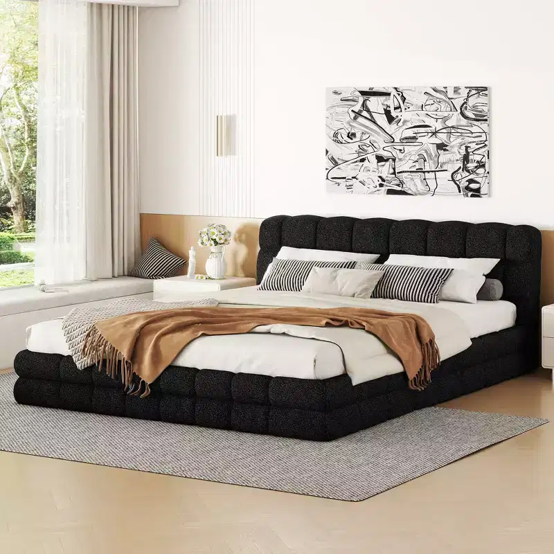Elegant Queen Size Fully Upholstered Platform Bed With Headboard