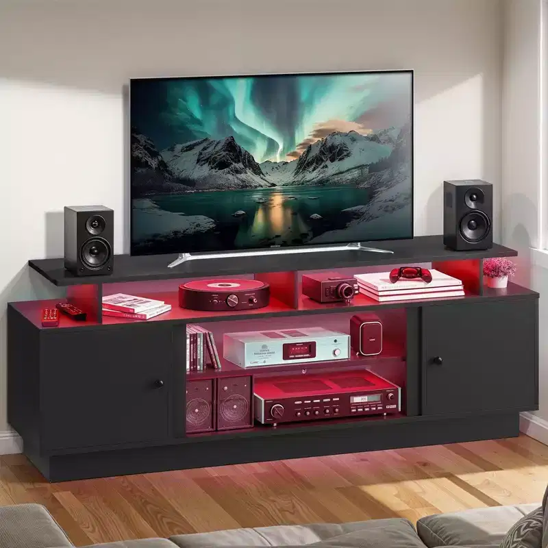 Modern TV Stand for 65/ 75 Inches, LED Entertainment Center with Storage Cabinets &Movable Partition,TV Console for Living Room, Black