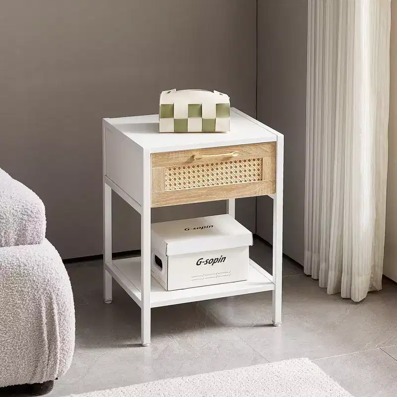 Mayeerty 15.74 Rattan End table with drawer, Modern nightstand, metal legs,side table for living room, bedroom, White