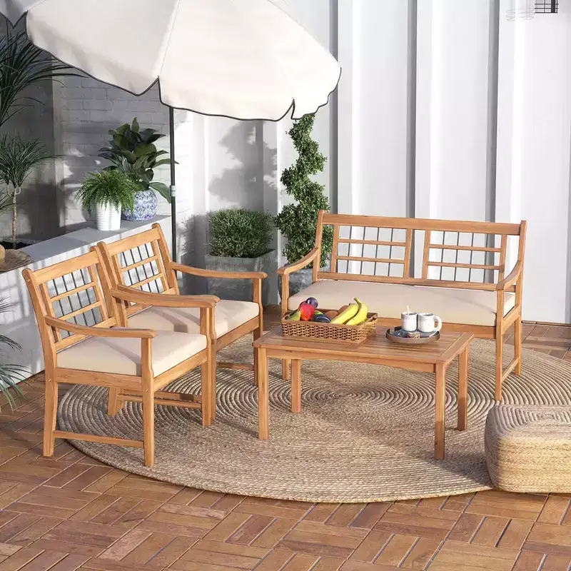 Costway 4 PCS Wood Patio Furniture Set with Soft Seat Cushions Solid Acacia Wood Frame Off White/Gray