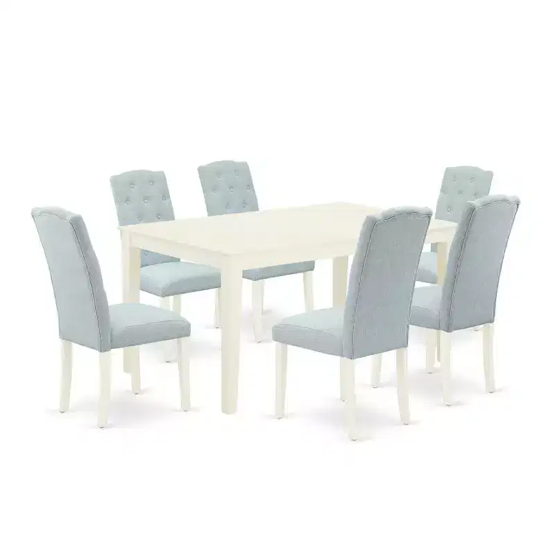 HomeStock 7-Piece Rectangle Linen White Finish Solid Wood Top Dining Table with 6-Parson Chairs