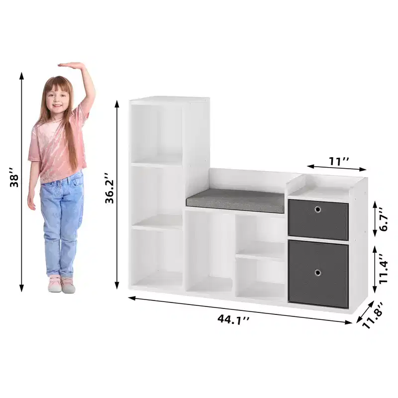 Toy Storage Organizer with Reading Nook White Bookcase Seat Cushion Wooden 6-Cubby Storage Bench 2 Drawers Toddler Cabinet Shelf for Kids Room