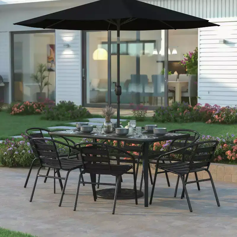 Emma and Oliver 7-Piece Patio Dining Table and Chairs Set with 60 Tempered Glass Top Table, 6 Stack Triple Slat Chairs in Black