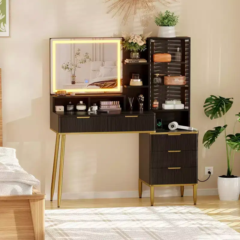 Makeup Vanity Desk with Lights, Power Outlet, Fluted Design, Mirror and 5 Drawers