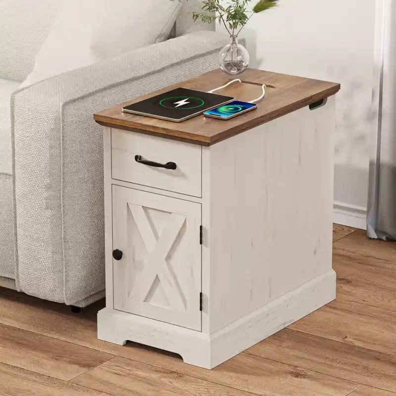 Rustic Farmhouse End Table with Charging Station & Storage Shelves Perfect for Small Space