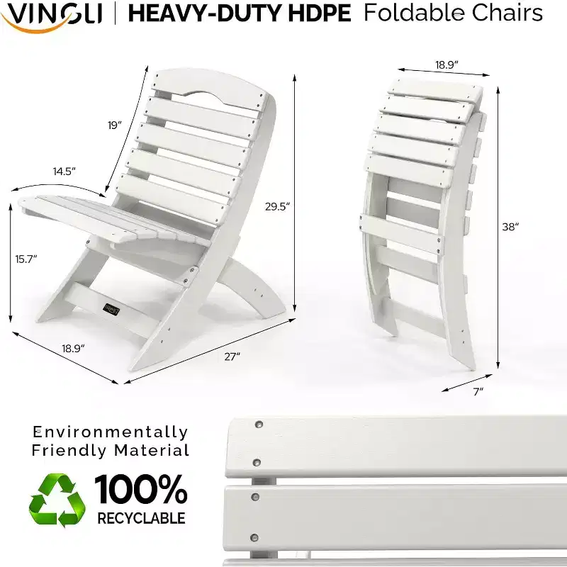 VINGLI Portable Adirondack Chairs, Folding Plastic Adirondack Chair for All Weathers, Capacity 350 LBS, White