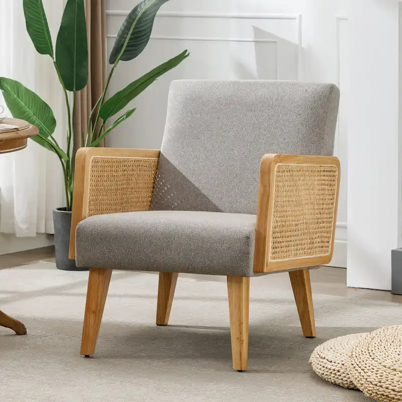 Rattan Armrest Fabric Upholstered Accent Chair