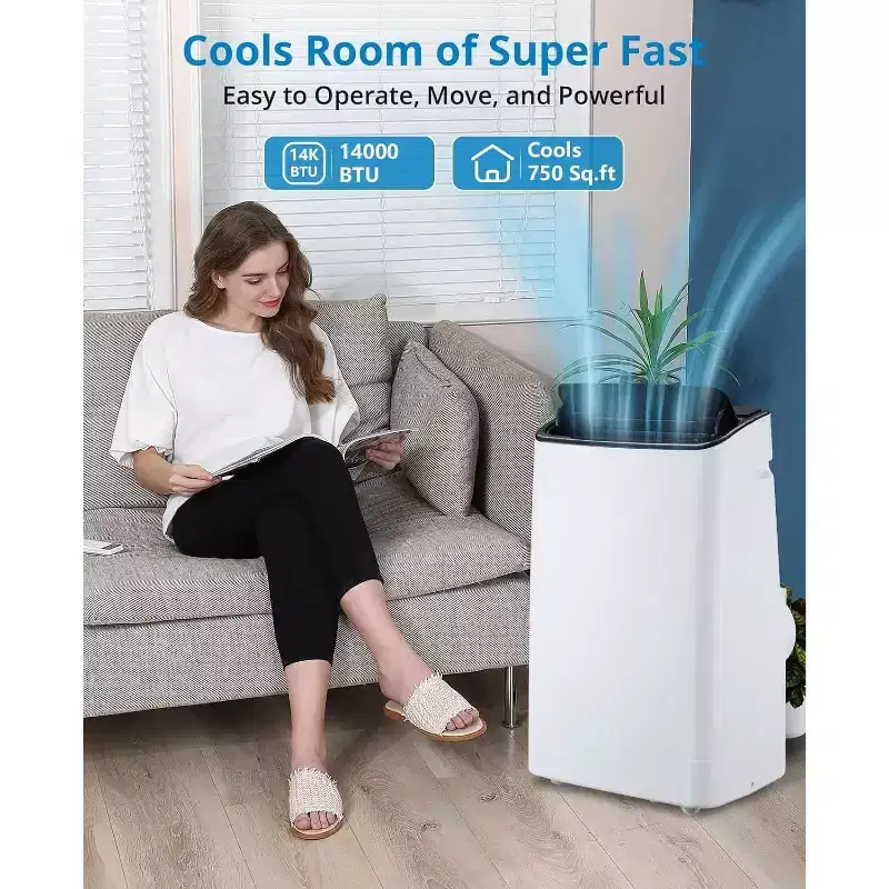 14,000 BTU Portable AC - 4-in-1 Cooling for 750 Sq.Ft, Quiet with Remote & Window Ki