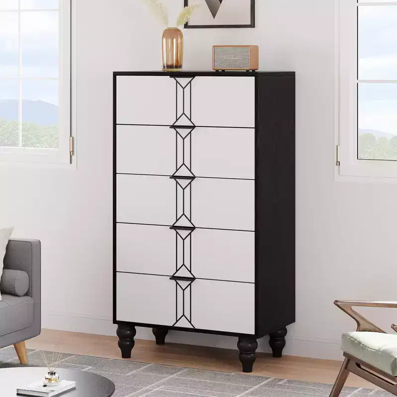 5 Drawers Dresser, Modern Wooden Tall Dresser with Deep Drawers, Chest of Drawers for Bedroom, Living Room, Hallway, Entryway
