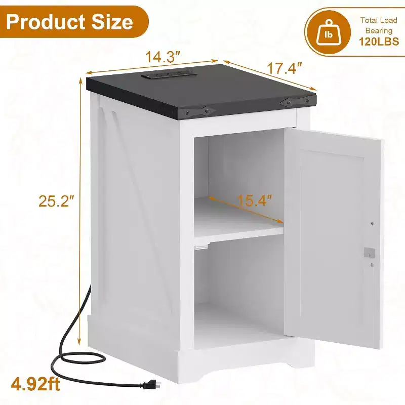 Industrial Style Bedside Table with Charging Station with Built-in 2 Power outlets + 2 USB Charging Ports,Suitable for bedrooms and Offices.