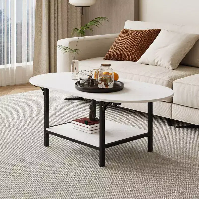 Contemporary Coffee Table,Extendable from Square to Oval,with Storage Shelf,Adjustable & Space-Efficient for Living Room