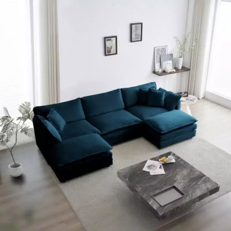 U-Shaped Sectional Sofa with Reversible Footrest, 5-Seater Convertible Corner Couch Accompanied by 2 Ottomans