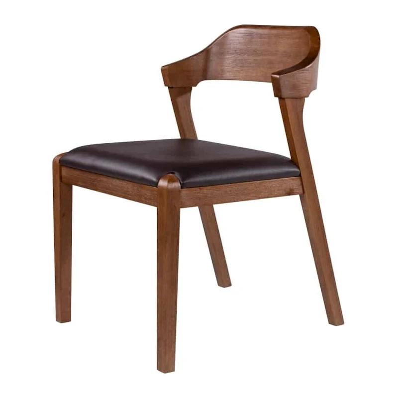 Mid-Century Dining Side Chair, Rubberwood, Faux Leather Padded Seat, Chestnut Wire-Brush Finish