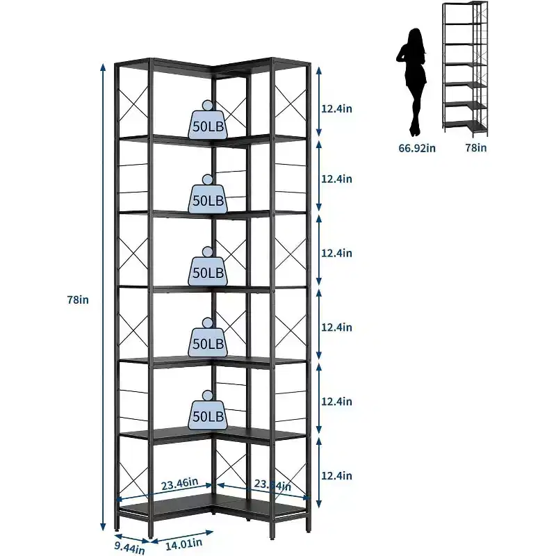 7 Tier Industrial Corner Bookshelf, Wood & Metal Frame, Large Freestanding Display Bookcase for Living Room, Kitchen, Home Office