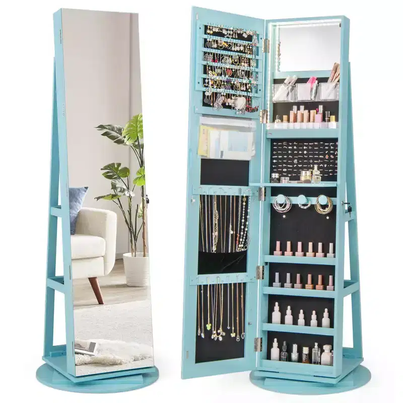 360 Rotating Mirrored Jewelry Cabinet Armoire 3 Color LED Modes Lockable