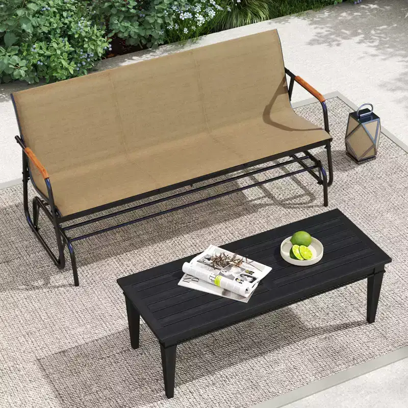Costway Patio Glider Bench for 3 Swing Gliding Loveseat with Curved Teak Armrests for Porch