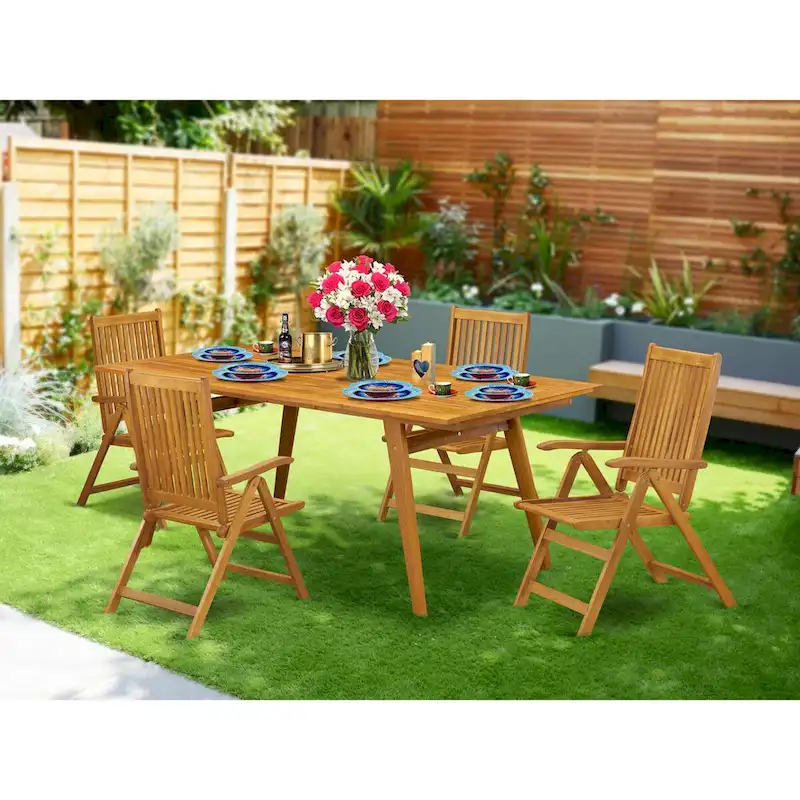 Outdoor Dining Set - Chairs with High Slatted Back and Rectangle Table with Wooden 4 legs - Natural Oil Finish (Pieces option)