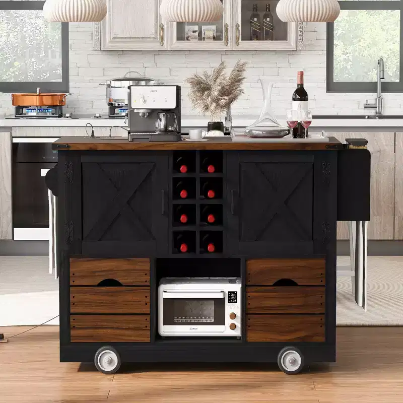 Kitchen Island with Drop Leaf and Power Outlet, 2 Doors & 2 Drawers, Kitchen Cart