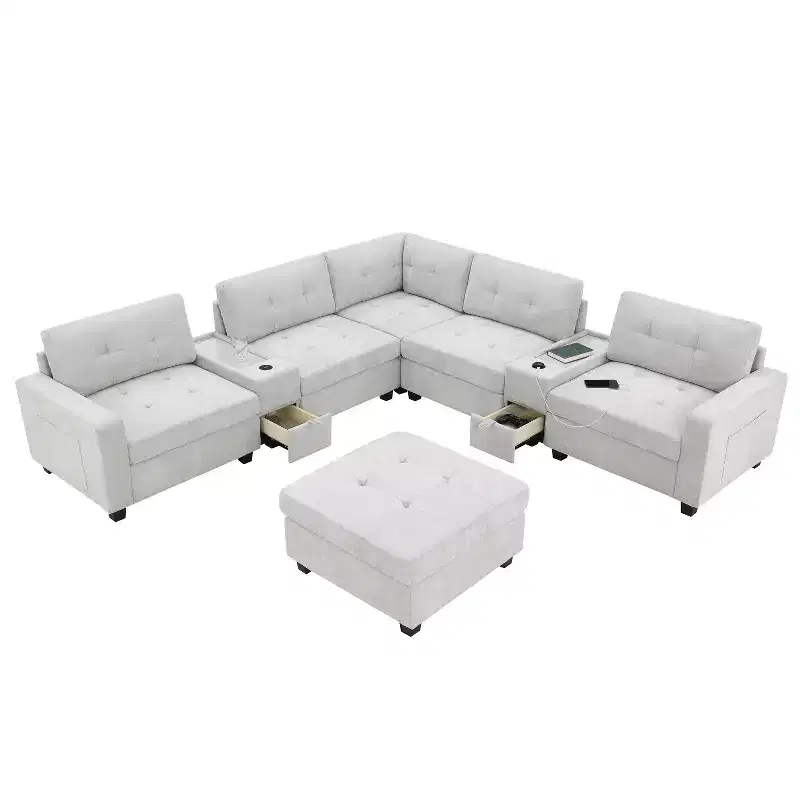 104 W 6-Seat Chenille U-Shaped Sectional Sofa with USB Charger, Storage Drawers, Acrylic Table, and Movable Ottoman