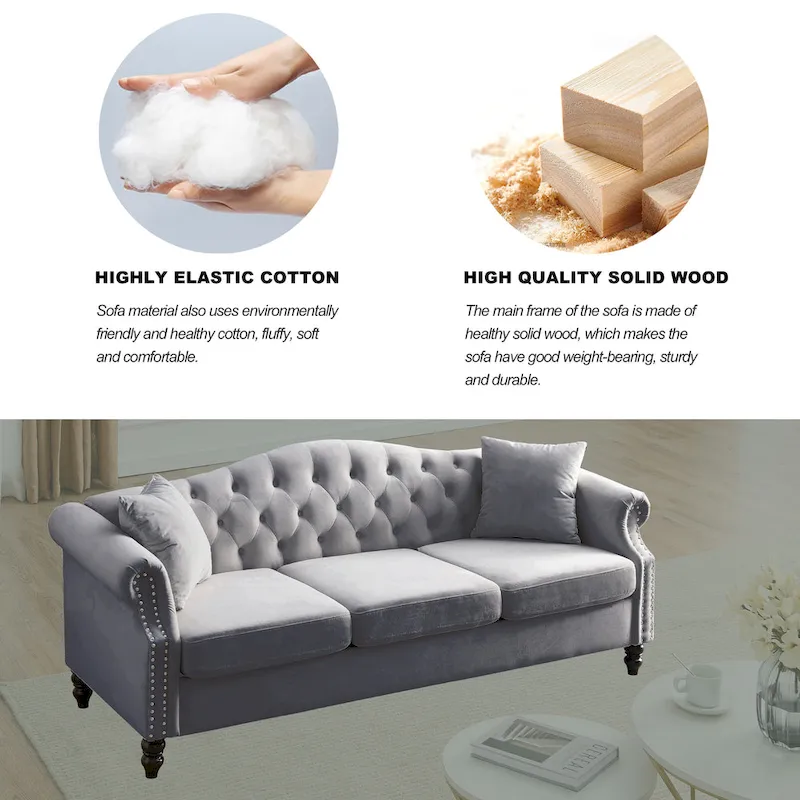 Chesterfield 3-Seater Upholstered Tufted Sofa with Rolled Arms and Nailhead