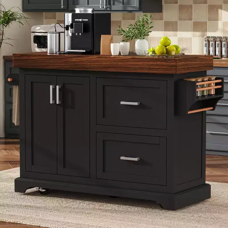 Whisen Large Kitchen Storage Island Cart, Kitchen Portable Rolling Island Cart with 3.5 Thick Desktop, 5 Wheels, 2 Drawers, Towel Rack