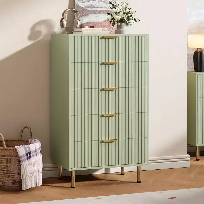 Fluted 5 Drawer Storage Dresser, Tall Modern Chest with Ample Deep Drawers and Wide Top, Wooden Organizer for Living Room, Hallway, and Kids Room
