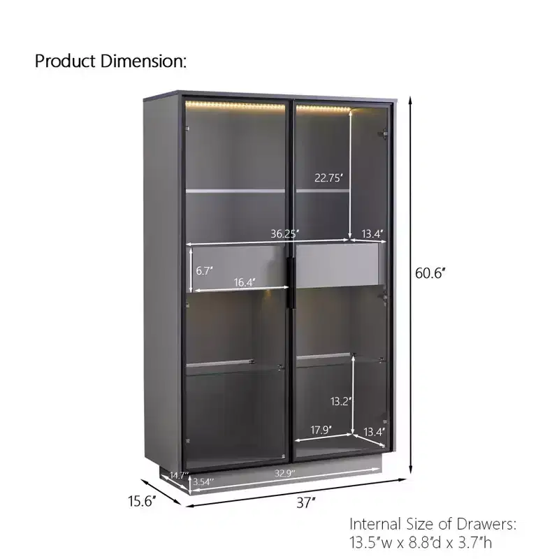 60.6'' Freestanding Glass Door Display Cabinet, Bookcase with 2 Storage Drawers, Pantry with LED Lighting and Adjustable Shelves, for Hallways Kitchen