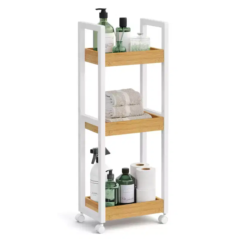 3-Tier Bamboo Rolling Cart with Adjustable Shelf, 11.8x31.5 Inch Slim Storage Organizer for Kitchen Bathroom, White and Natural