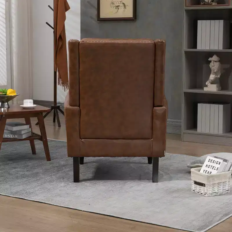 Wood Frame Armchair, Sturdy Wood Legs, Living Room Bedroom, Black PU