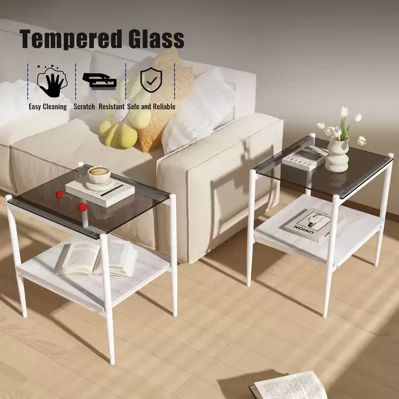 MAYEERTY Set of 2 Rectangle End Table with Tempered Glass Tabletop, for Living Room, Gray Glass
