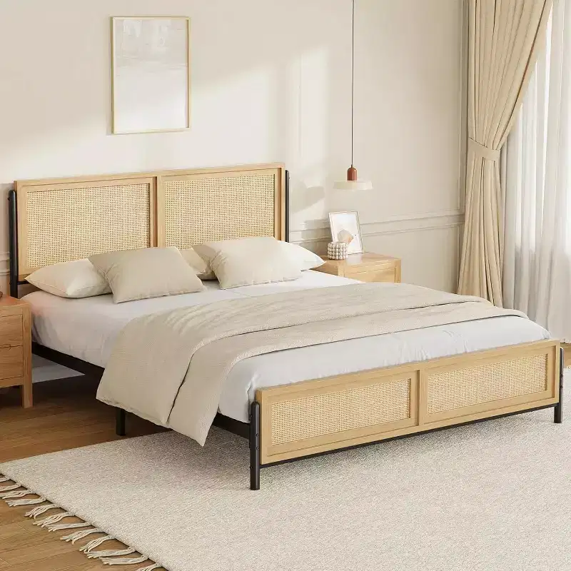 Boho Wooden Full/Queen/King Size Bed Frame with Natural Rattan Headboard and Footboard, No Box Spring Needed, Noise-Free Easy Assemble Metal Bedframe