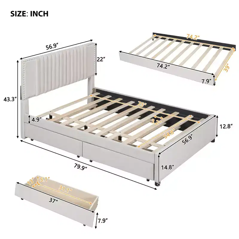 Luxystar Modern Upholstered Platform Bed with 2 Drawers and 1 Trundle